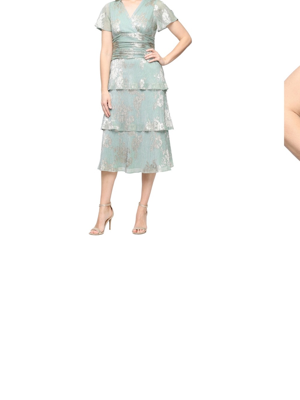 SLNY Mint Green Tiered Metallic-Accent Midi Dress